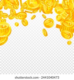 Swiss franc coins falling. Gold scattered CHF coins. Switzerland money. Great business success concept. Square vector illustration.