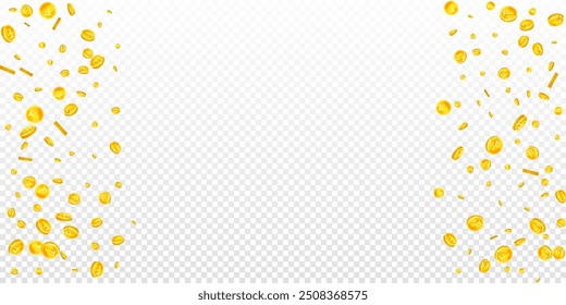 Swiss franc coins falling. Gold scattered CHF coins. Switzerland money. Great business success concept. Wide vector illustration.