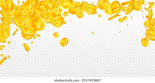 Swiss franc coins falling. Gold scattered CHF coins. Switzerland money. Global financial crisis concept. Wide vector illustration.