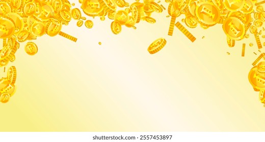 Swiss franc coins falling. Gold scattered CHF coins. Switzerland money. Great business success concept. Wide vector illustration.