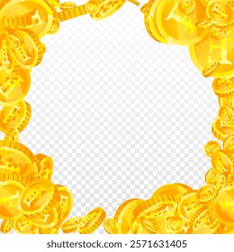 Swiss franc coins falling. Gold scattered CHF coins. Switzerland money. Great business success concept. Square vector illustration.