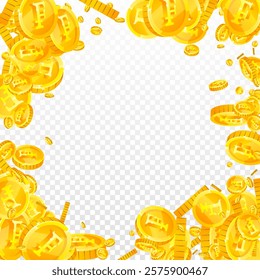 Swiss franc coins falling. Gold scattered CHF coins. Switzerland money. Jackpot wealth or success concept. Square vector illustration.