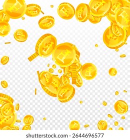 Swiss franc coins falling. Gold scattered CHF coins. Switzerland money. Great business success concept. Square vector illustration.