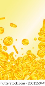 Swiss franc coins falling. Noteworthy scattered CHF coins. Switzerland money. Dazzling jackpot, wealth or success concept. Vector illustration.