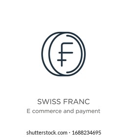 Swiss franc icon. Thin linear swiss franc outline icon isolated on white background from e commerce and payment collection. Line vector sign, symbol for web and mobile