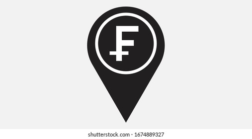 Schweizer Franken-Zeiger-Symbol. Schweizer Franken mit Standortsymbol. Schweizer Kartenzeichen. Kennzeichen der Schweizer Franken-Umtauschkarte mit Vektorillustration