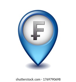 Swiss Franc symbol on Mapping Marker vector icon. Illustration design of currency sign of Switzerland on Map Pointer. Symbol of monetary unit. Vector illustration isolated on white background
