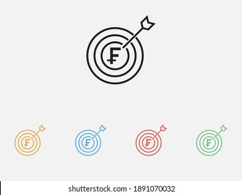 Swiss franc in the target icon. Vector illustration icon. Simple icon. Investment target icon. Set of colorful flat design icons