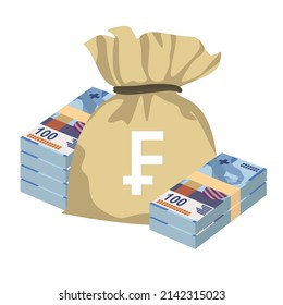 Swiss Franc Vector Illustration. Switzerland, Liechtenstein money set bundle banknotes. Money bag 100 fr. Flat style. Isolated on white background. Simple minimal design.