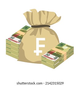 Swiss Franc Vector Illustration. Switzerland, Liechtenstein money set bundle banknotes. Money bag 50 fr. Flat style. Isolated on white background. Simple minimal design.