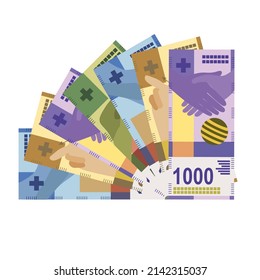 Swiss Franc Vector Illustration. Switzerland, Liechtenstein money set bundle banknotes. Paper money 50, 100, 200, 1000 fr. Flat style. Isolated on white background. Simple minimal design.