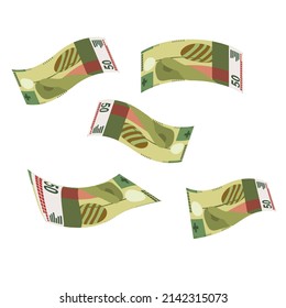 Swiss Franc Vector Illustration. Switzerland, Liechtenstein money set bundle banknotes. Falling, flying money 50 fr. Flat style. Isolated on white background. Simple minimal design.