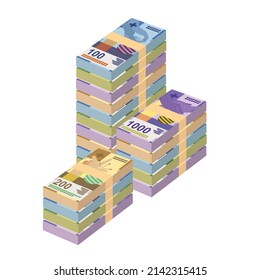 Swiss Franc Vector Illustration. Switzerland, Liechtenstein money set bundle banknotes. Paper money 50, 100, 200, 1000 fr. Flat style. Isolated on white background. Simple minimal design.