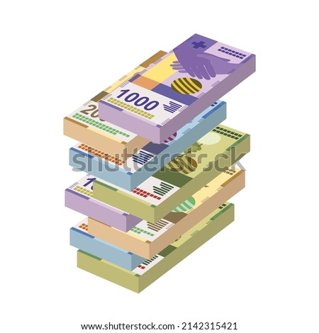 Swiss Franc Vector Illustration. Switzerland, Liechtenstein money set bundle banknotes. Paper money 50, 100, 200, 1000 fr. Flat style. Isolated on white background. Simple minimal design.