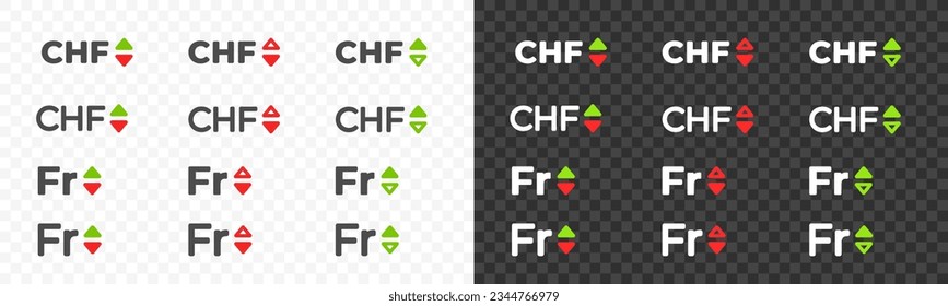 Schweizer Franken, CHF mit einem nach oben und unten gerichteten Wechselkurs, Vektordesign. Fremdwährungen und Wechselkurse bewerten grafisches Design. Währungsdiagrammsymbole