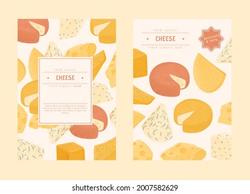 Swiss or French cheese vector flat poster concept. Gouda, Parmesan, Brie, Roquefort or Maasdam fresh and tasty pieces. Delicious cheese product for restaurant or dairy shop menu design.