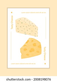Swiss or French cheese vector flat poster concept. Gouda, Parmesan, Brie, Roquefort or Maasdam fresh and tasty pieces. Delicious cheese product for restaurant or dairy shop menu design.