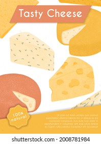 Swiss or French cheese vector flat poster concept. Gouda, Parmesan, Brie, Roquefort or Maasdam fresh and tasty pieces. Delicious cheese product for restaurant or dairy shop menu design.