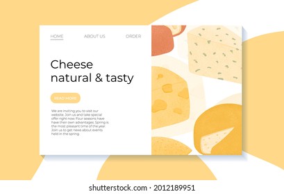 Swiss or French cheese vector flat landing page concept. Gouda, Parmesan, Brie, Roquefort or Maasdam fresh and tasty pieces. Delicious cheese product for restaurant or dairy shop website design.
