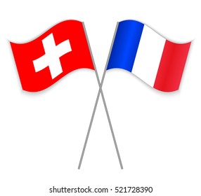 Swiss and French crossed flags. Switzerland combined with France isolated on white. Language learning, international business or travel concept.