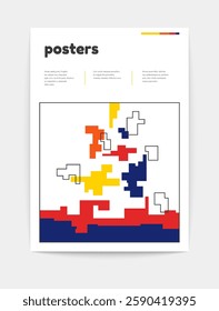 Swiss geometric poster. Modern minimalist grid layout with abstract bauhaus shapes, contemporary brutalism art cover design. Vector illustration.