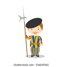 Swiss Guard character from Vatican City dressed in the traditional way Vector Illustration. Kids of the World Collection.
