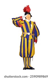 Swiss guard saluting, wearing traditional colorful uniform with helmet and red plume