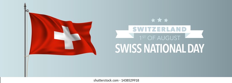 Swiss happy National day greeting card, banner vector illustration. Switzerland holiday 1st of August design element with waving flag on flagpole 