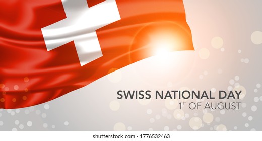 Swiss Happy National Day Vektorbanner, Grußkarte. Schweiz realistische Flagge im 1. August patriotische Feiertage Horizontale Design