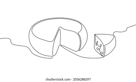 Swiss hard cheese head and piece continuous line drawing set. One line art of dairy produce, milk products, food, hard cheese, piece.