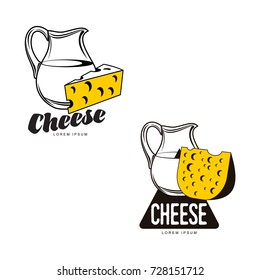 Swiss, holland maasdam yellow piece of porous cheese with holes and milk jug brand, logo product design icon pictrogram silhouette set. Isolated flat illustration on a white background.