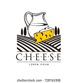 Swiss, holland maasdam yellow piece of porous cheese with holes and milk jug brand, logo product design icon pictrogram silhouette. Isolated flat illustration on the background of grass fields.