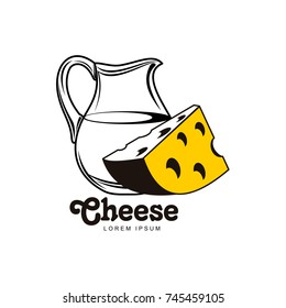 Swiss, holland maasdam yellow piece of porous cheese with holes and milk jug brand, logo product design icon pictrogram silhouette. Isolated flat illustration on a white background.