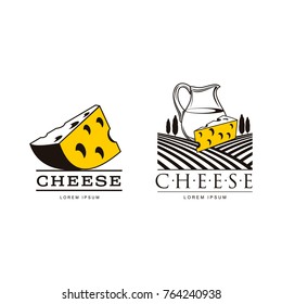 Swiss, holland maasdam yellow piece of porous cheese with holes and milk jug brand, logo product design icon pictrogram silhouette set. Isolated flat illustration on the background of grass fields.