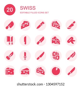 swiss icon set. Collection of 20 filled swiss icons included Knife, Cheese, Knives, Knifes