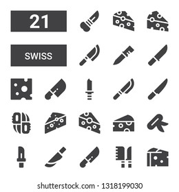 swiss icon set. Collection of 21 filled swiss icons included Cheese, Knives, Knife, Knifes