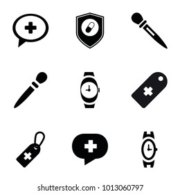 Swiss icons. set of 9 editable filled swiss icons such as wrist watch, nail sawing, medical cross tag, medical cross