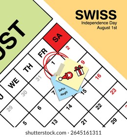 Swiss Independence Day reminder mark on August 1st in a wall calendar.