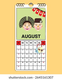 Swiss Independence Day reminder on August 1st in a wall calendar with illustrative people wearing the nation's traditional attire.