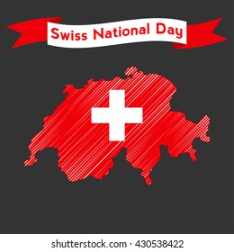 Swiss international day background. Flat modern vector illustration with a map and ribbon for Switzerland Independence Day.
