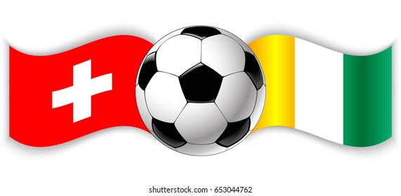 Swiss and Ivorian wavy flags with football ball. Switzerland combined with Ivory Coast isolated on white. Football match or international sport competition concept.