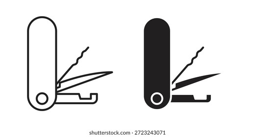 Esquema suizo del icono del cuchillo y muestra de Vector sólido, pictogramas lineales