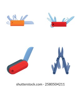 Swiss knife icons set cartoon vector. Pocket multipurpose folding knife. Multi tool instrument