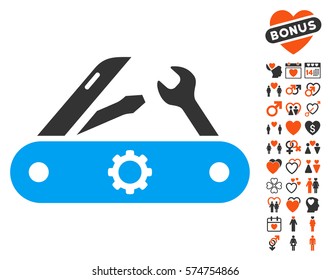 Swiss Knife pictograph with bonus marriage symbols. Vector illustration style is flat iconic elements for web design, app user interfaces.