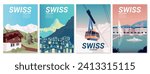 Swiss landscapes: chalets in the Bernese Alps, the Matterhorn in Zermatt, a funicular in the mountains, and the waterfront of Geneva with a fountain and a boat. Vector for posters, covers, postcards