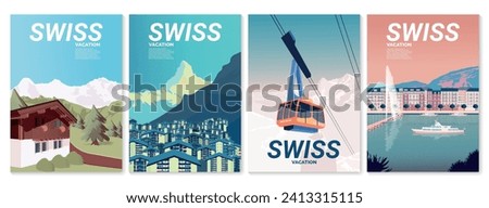 Swiss landscapes: chalets in the Bernese Alps, the Matterhorn in Zermatt, a funicular in the mountains, and the waterfront of Geneva with a fountain and a boat. Vector for posters, covers, postcards