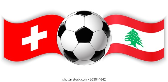 Swiss and Lebanese wavy flags with football ball. Switzerland combined with Lebanon isolated on white. Football match or international sport competition concept.