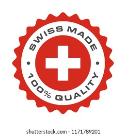 Swiss made 100 percent original premium quality seal icon. Vector Switzerland flag logo in circle frame