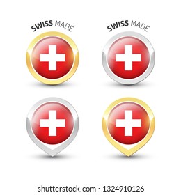 Swiss made - Guarantee label with the flag of Switzerland inside round gold and silver icons.