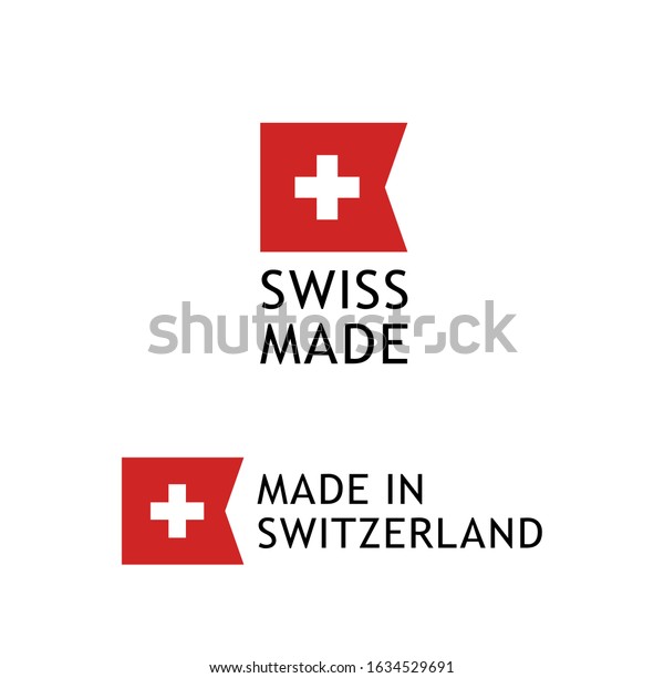 Swiss Made label,\
sticker with Swiss National Flag on white background. Made in\
Switzerland warranty\
sign.